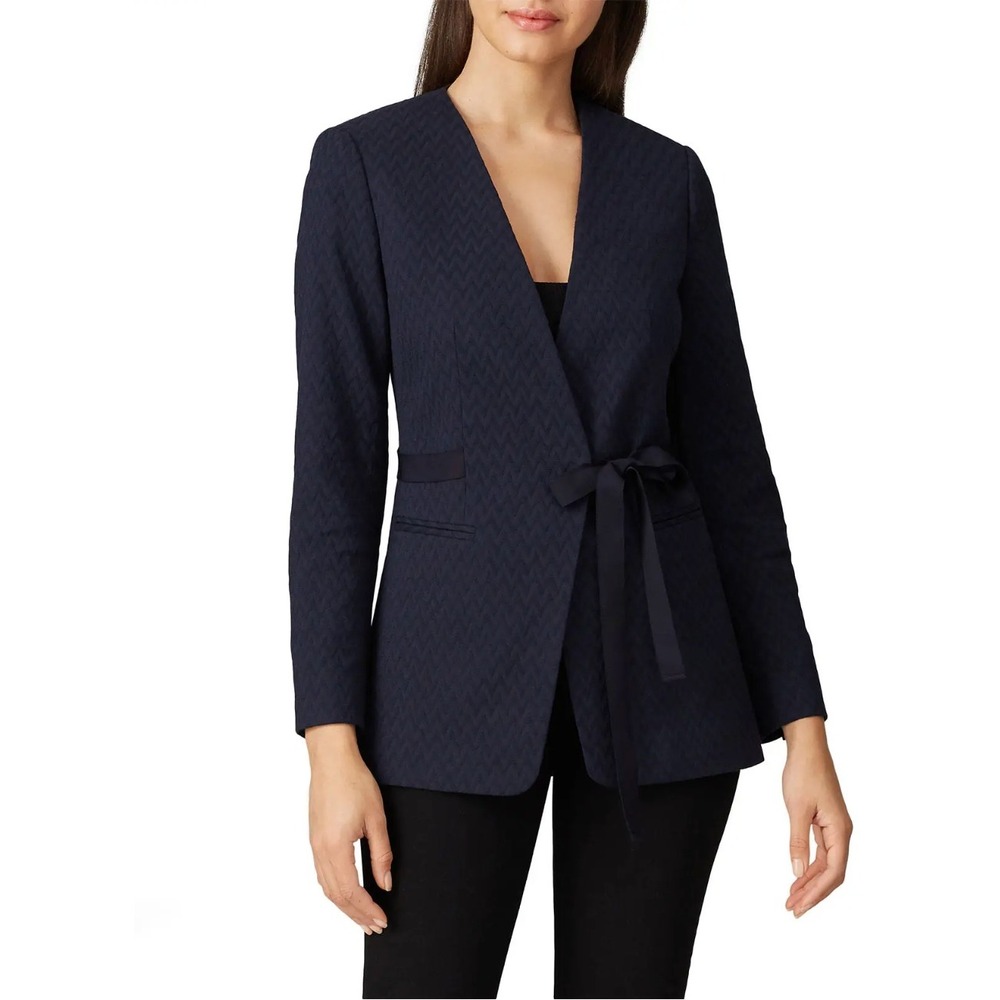 Rebecca Taylor Navy Zig Zag‎ Jacket Blue Chevron Blazer Ribbon Tie JacquardSz 2